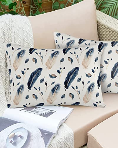 Outdoor Pillow Covers Waterproof, Ink Painting Feather Filling All Weather Cushion Case Set of 2, Beige Ink Blue Abstract Backdrop Lumbar Pillowcase for Sofa Couch Bed Decor Patio Furniture 20