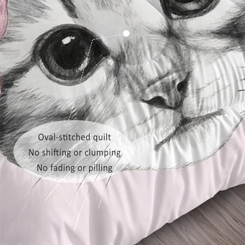 Image of Pink Rose Cat Comforter Set Queen Size Cute Floral Animal Bedding Sets for Kids Adults Boys Girls Bedroom Aesthetic Kawaii 3Pcs Quilt 1 Comforter 2 Pillowcases