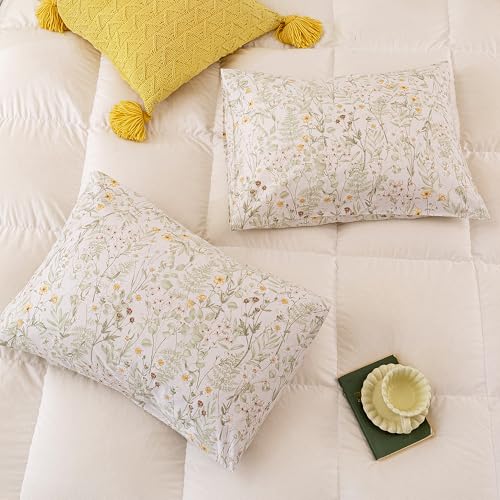 Image of ECOCOTT Floral Pillowcases Queen Size 2 Pack, 100% Washed Cotton Pillow Cases with Envelope Closure, Green Botanical Wildflower Printed Pillow Covers