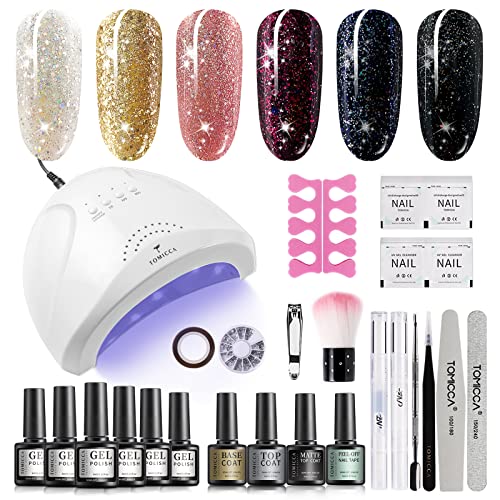 TOMICCA Glitter Gel Nail Polish Starter Kit with 48W UV/LED Light Nail Lamp Sparkle Silver Pink Gold Colors Gel Polish S