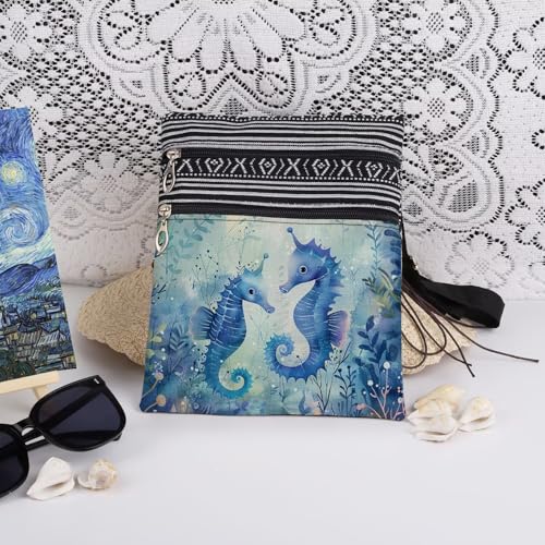Seahorse Print Crossbody Bag Blue Seahorses with Plants Messenger Bag Adjustable Shoulder Strap Beach Crossbody Purse Birthday Gift for Sister Teens Adult3
