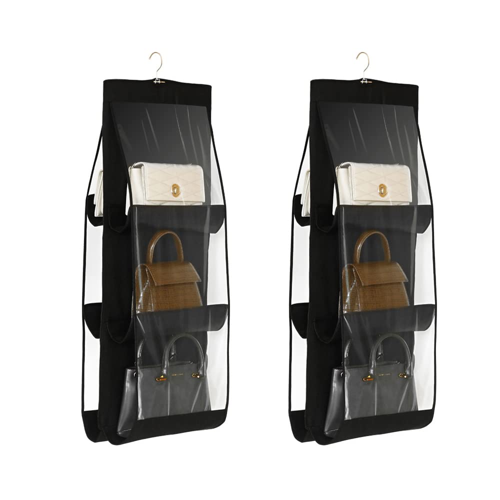 Shenhai Handbag Hanging Organizer, Foldable 6 Pocket Hanging Purse Organizer Handbag Storage Hanger for Family Closet Bedroom (2pcs Black)