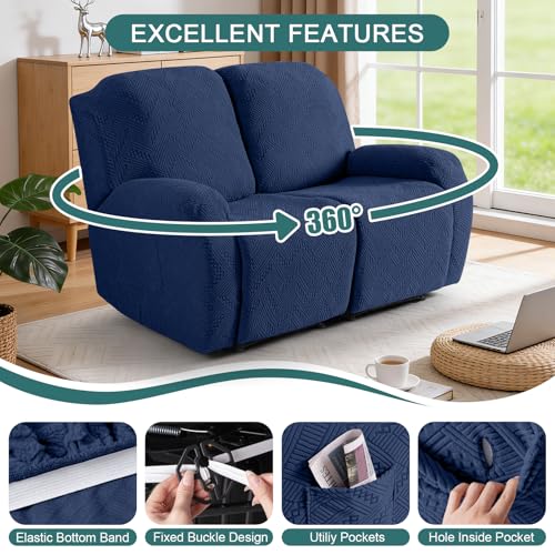 Image of Ruaozz Recliner Sofa Covers Recliner Chair Covers Loveseat Recliner Slipcovers with Pockets Washable Furniture Protector with Elastic Bottom (2 Seater, Dark Blue)