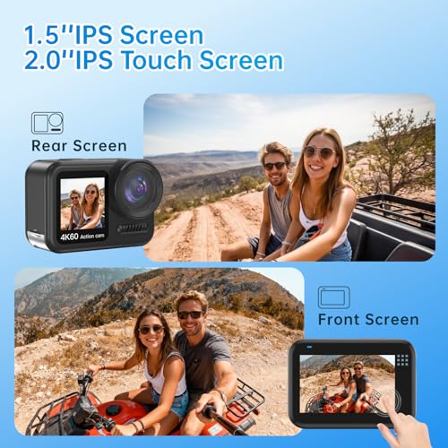 Image of 4K 60FPS Waterproof Action Camera, Bare Metal 66FT Underwater Camera, 2 inch Touch Dual Screen Sports 6-Axis Stabilization,2 Batteries Internal Microphone Vlog Camera for Diving Cycling Outdoor