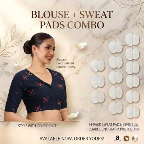 Image of Studio Shringaar Women's Cotton Multicoloured Ikat Readymade Saree Blouse with Underarm Sweat Pads (Pack of 14 Pads)