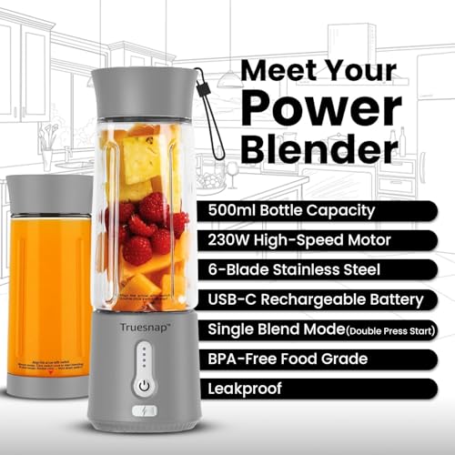 Image of QUIX Portable Blender 500ml for Smoothies Shakes & Cold Coffee | USB-C Rechargeable Juicer Mixer Grinder with 230W Motor Ice Crushing & 4000mAh Battery | BPA Free | Grey