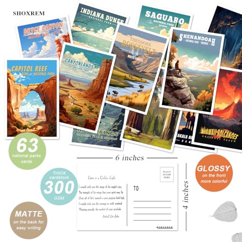 SHOXREM National Parks Theme Postcard Set: Retro Travel Posters Wall Decoration - 63 Abstract U.S. Parks Illustrations, 4\" W x 6\" H