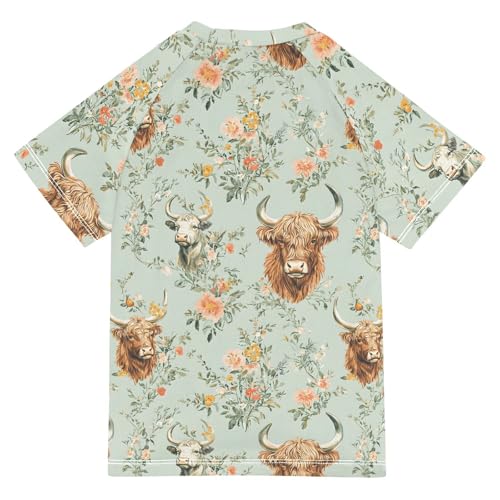 ALAZA Kids Rash Guard Girls Boys Toddler Swim Shirts Short Sleeve Buffalo Cows Flower UPF 50+ 3T2
