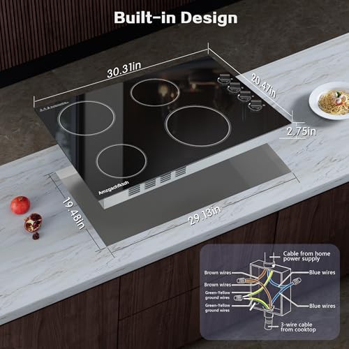 Electric Cooktop 30 Inch - 4 Burners Built-in Ceramic Cooktop, 30\" Radiant Electric Stove Top with Knob Control, Hot Surface Indicator, 6700W, 220-240V Hard Wire(No Plug)