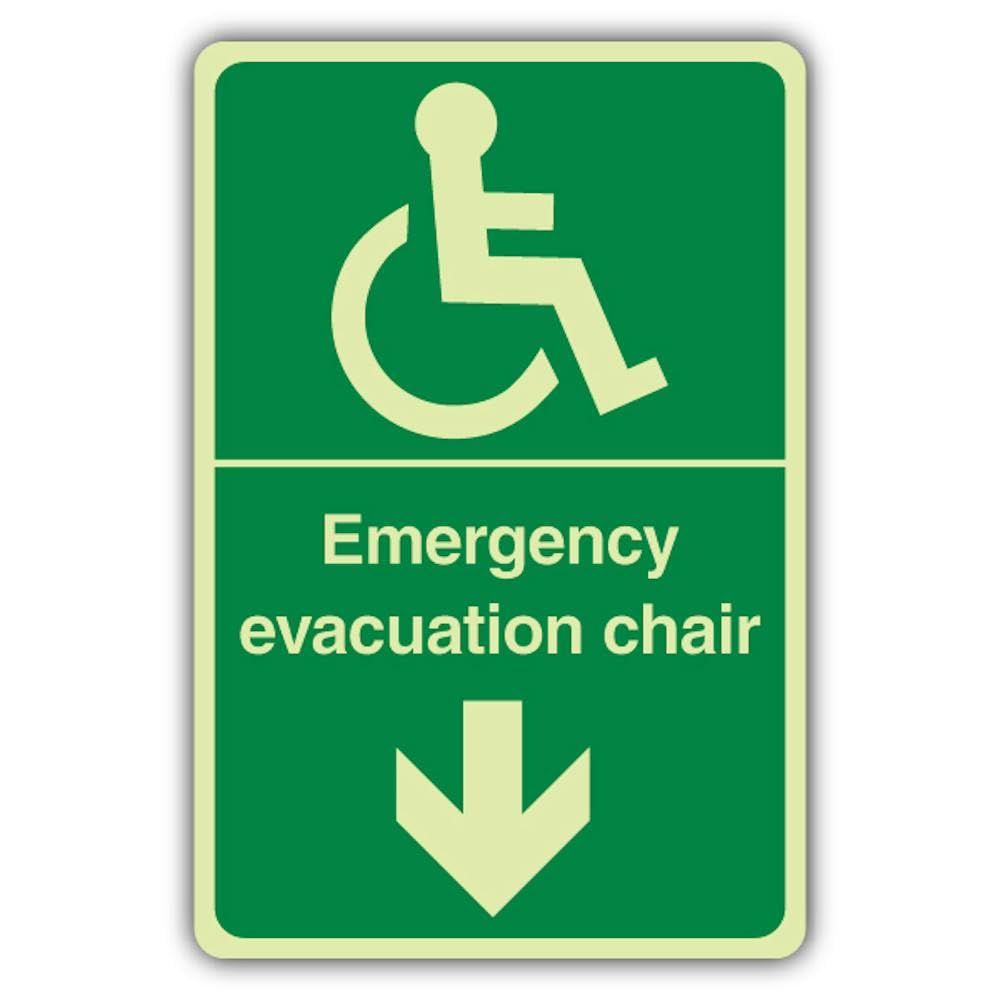 V Safety - Señal de seguridad fotoluminiscente para silla de evacuación de emergencia, 300 x 450 mm, vinilo autoadhesivo, triple brillo