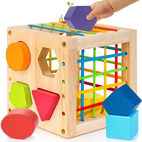 Winique Wooden Shape Sorter Toys for Toddlers 1-3 Years Old, Montessori Toys for 1 Year Old Baby Girls & Boys, Activity Cube with 8pcs Geometric Shape Blocks and Gift Box for Christmas