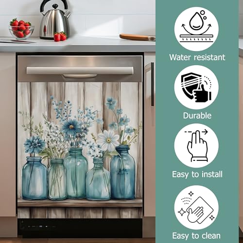 Image of Blue Mason Jars Flowers Dishwasher Magnets Decorative Cover,Rustic Wooden Boards Waterproof Magnetic Dishwasher Cover Panel,Refrigerator Magnet Cover for Kitchen Home Decor 23x26 Inch