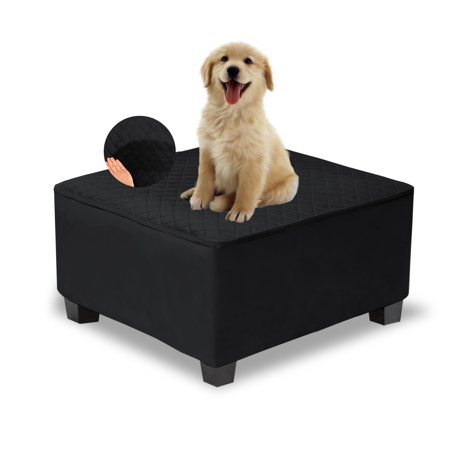 NeColorLife Waterproof Ottoman Cover,Thick Stretch Velvet Slipcover for Square Footstool, Non-Slip Durable Washable Protector for Pets and Dogs,Black,