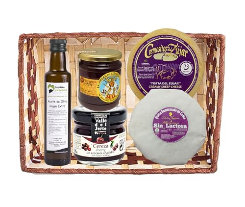 Cesta Regalo Gourmet Sin Lactosa Queso Semicurado y Natural de Cabra Aceite de Oliva Virgen Extra Miel Pura y Mermelada de Cereza Lote Artesano para Empresas Navidad Detalle Premium CORAZON EXTREMEÑO.