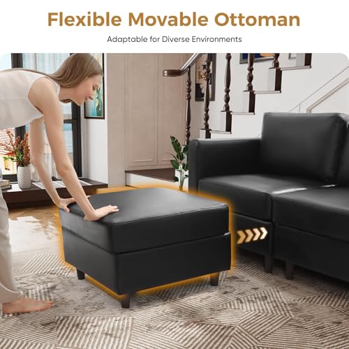 Image of ABCASA Faux Leather Modular Sectional Sofa 118.5 inch, L Shaped Couch Set for Living Room, 5-Seater Comfy Cloud Couches with Movable Storage Ottoman,DIY Combination - Black