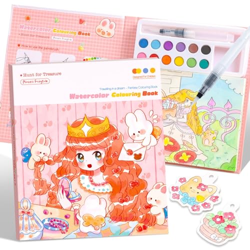 Livre de Coloriage Magique à l’Eau Princesse pour Fille 3 4 5 6 Ans,Avec 1 Pinceaux et Palette de Couleurs,Peinture Magique Sans Salissure,Activité...
