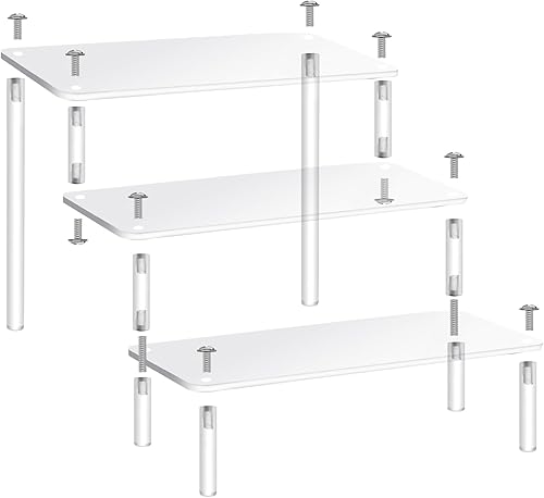 Miniatura 5 de Thyores Juego de 2 elevadores de exhibición de acrílico, soporte de 3 niveles para cupcakes, mini estante pequeño, soporte transparente para