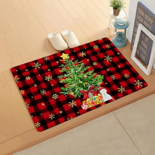 Christmas Tree Kitchen Bath Door Mat Cushioned Runner Rug,Washable Welcome Floor Sink Antifatigue Mat,Waterproof & Non-Slip Comfort Standing Doormat,Snowman Golden Snowflake Plaid Red 18