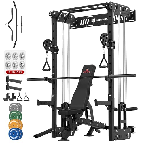 MEGASTAR Wall Mounted Power Rack Home Gym Package – Compact Commercial Home Gym with Dual Cable Crossover, LAT Pulldown & Multi-Grip Pull-Up Bar – 1600LB Capacity for Small Spaces, P67 Striker