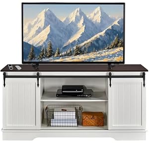 Yaheetech TV Stand for 65 Inch TV, Farmhouse Entertainment Center with Sliding Barn Doors, TV Media Console for Living Room, White & Espresso