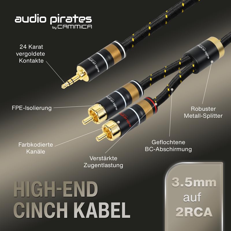 audio pirates by cammica kabel rozdzielający 3,5 mm wtyczka jack na 2 x wtyk RCA, kabel RCA, kabel audio | High-End kabel audio z metalową obudową i złotymi stykami (10 metrów)