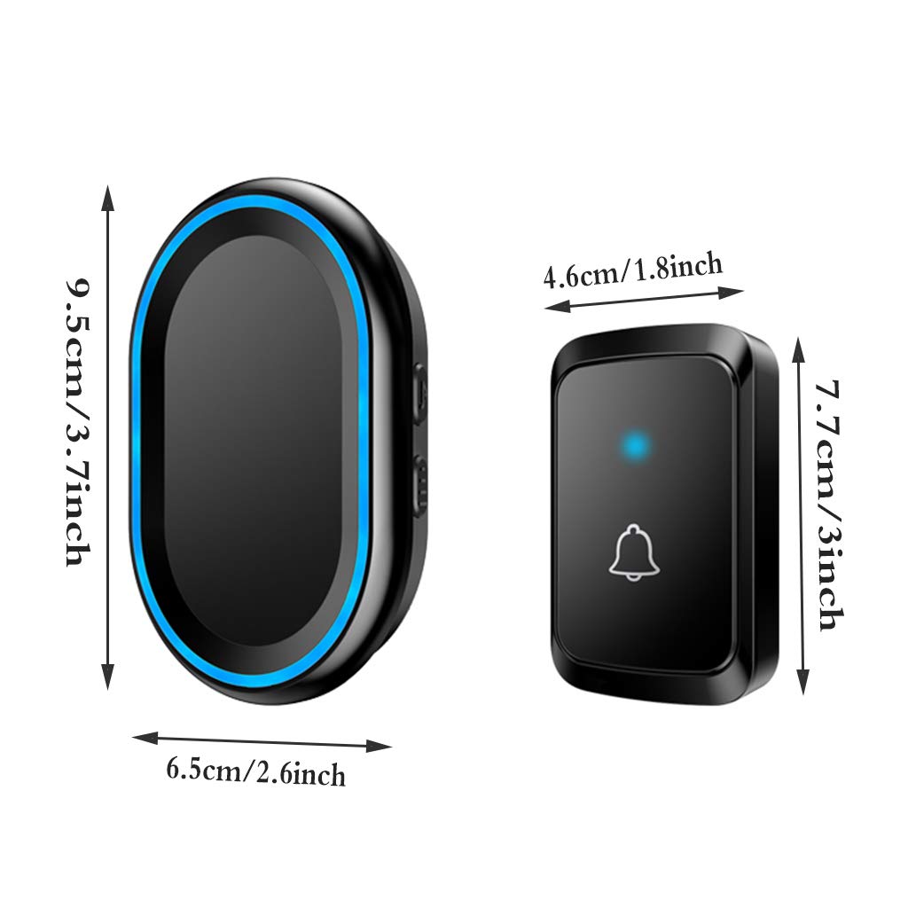 Timbre Inalámbrico, Kit De Timbre De Entrada Inalámbrico De Pared Resistente Al Agua con Alcance De 300 M, 58 Melodías, 4 Niveles De Volumen, Luz Azul, 4 Receptores, Color Negro.