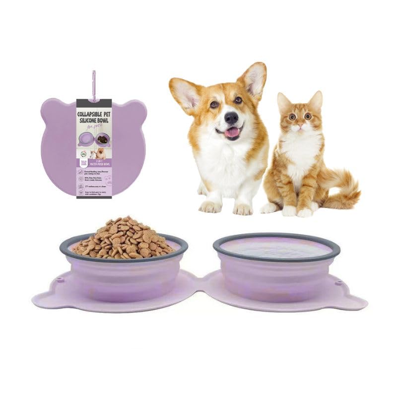 Portable Dog Bowl Collapsible, Silicone Travel Bowl for Dogs with Carabiner - Lightweight for Hiking, Camping-Purple
