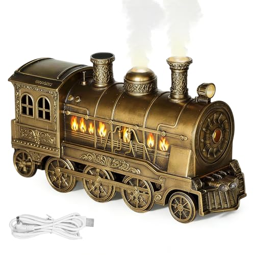 Train Oil Diffuser Steam Train Humidifier for Essential Oils 300ML Vintage Quiet Diffusers for Home with LED Light & Dual Mist Modes & Timing Function Christmas Decor & Gifts ((Gold Copper))