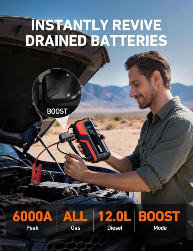 Image of AstroAI M10 6000A 150PSI Car Jump Starter with Air Compressor - 12V Portable Battery Booster (All Gas /12.0L Diesel), Smart Tire Inflator, Heavy-Duty Jumper Cables, Power Bank, LED Light, Storage Case