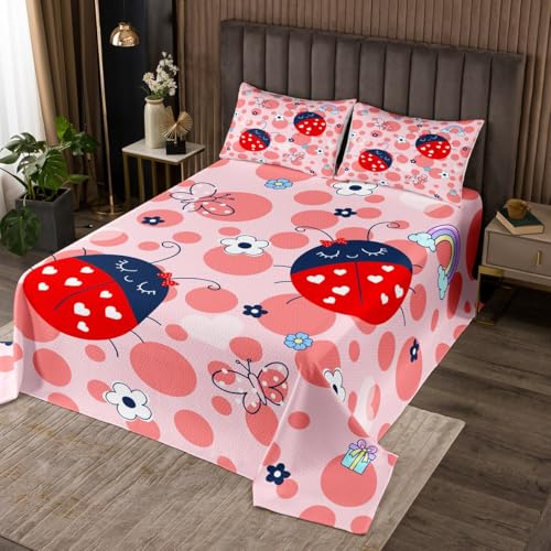Homewish Cartoon Red Ladybug Bedspread,Cute Wild Butterfly Flowers Bedding Set for Kids Girls Teens,Watercolor Dots Print Rustic Style Coverlet Set with 2 Pillowcases,King Size 3 Pcs