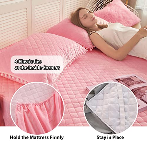 Liferevo Luxury Velvet Diamond Quilted Fitted Bed Sheet 3 Side Coverage 18 Inch Drop Dust Ruffle Bed Skirt With Pompoms Fringe (Queen Pink) #TOP3