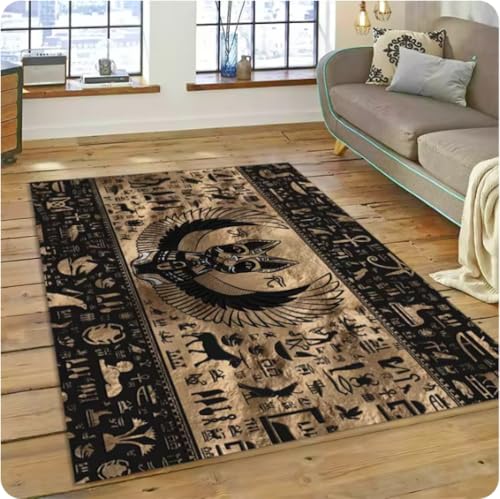 VJKFSWG Alfombra Rectangular Antideslizante Negro 200x300cm con Símbolos Egipcios Antiguos, Lavable, Perfecta para Dormitorio, Cocina, Sala de Estar y Exteriores