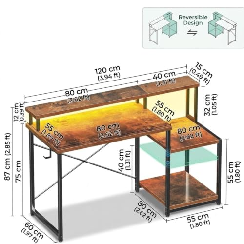 Image of Gaming Desk with Monitor Stand & Storage Shelves | Study & Computer Desk with Headphone Hook | Reversible Office for PC Setup | Rustic Brown | 120 x 60 x 87 cm