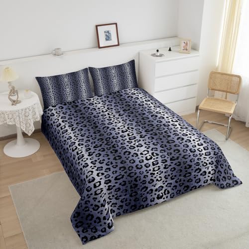 Image of Feelyou Kids Blue Grey Black Bedding Set Toddler Size Leopard Stripes Comforter Leopard Print Comforter Set for Teens Toddler Cheetah Fur Print Duvet Set Microfiber Bed Set