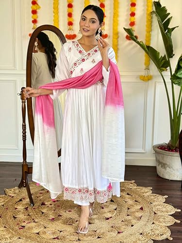 Image of Shiv Textiles Women's Chanderi Silk Embroidered Kurta Pant Dupatta Set(JDA-Kanika-White-M)