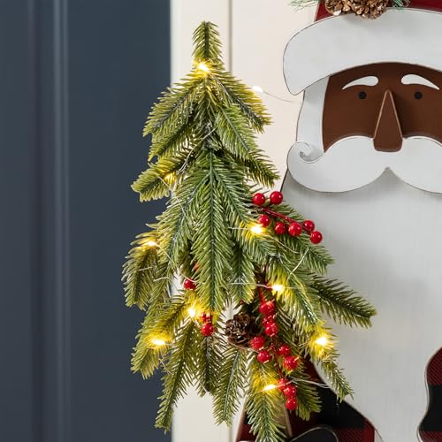 Image of Glitzhome 36''H Lighted Wooden Africa Santa Porch Decor with Timer & LED Lights, Christmas Standing Santa Porch Sign Decor with Xmas Tree and Welcome Plaques for Front Door Outdoor Decor