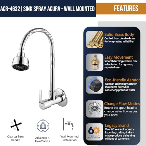 Image of KAMAL Sink Spray Tab Acura - Wall Mounted | SS 304 Flexible Spout 360 Degree Dual Flow Passion Flex Flexible Sink Cock Pillar Cock Shower Type Bib Tap Faucet Bib Tap Faucet (Wall Mount Installation)