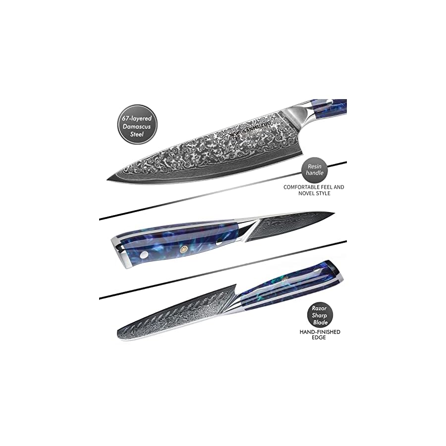 Chef Cooking Knives Set- Kitchen Knife Set of 5 Piece - Ultra-Sharp VG10 Damascus Steel & Resin Handle - Xuan Series (Sapphire Blue)