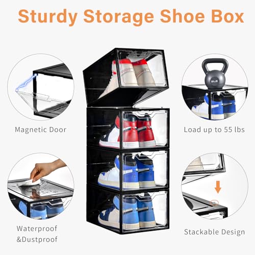 Stebopum 12 Pack Stackable Shoe Storage Organizer with Magnetic Door, Shoe Boxes Clear Black Plastic for Closet, Shoe Rack for Sneaker Boot Container, Shoe Cabinet Fit up to US Size 12 by Stebopum - Image 3