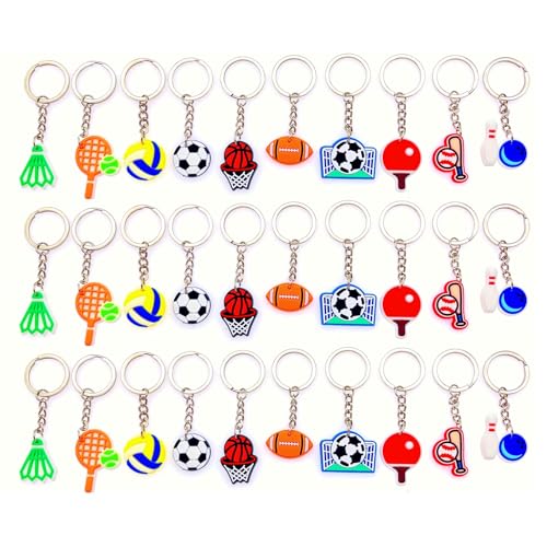 JZK 30 llaveros de fiesta temática de deportes de pelota, tenis de mesa, béisbol, voleibol, bolos, baloncesto, fútbol, llaveros, premios de juegos de pelota, accesorios de regalo, rellenos de bolsas
