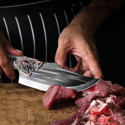 سكين الجزار - سكين الشيف الصربي وسكين الفايكنغ وسكين نزع العظم - سكين مطبخ مطروقة يدويًا - سكين قطع اللحوم من الستانلس ستيل عالي الكربون بمقبض بلاستيكي