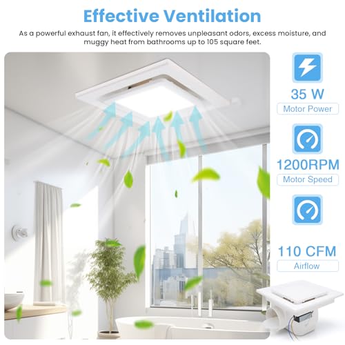 Ventilador de extracción para baño con luz LED, 110 CFM, 1.0 sones, ducto de 4 pulgadas, ventilador silencioso cuadrado para ducha miniatura 6