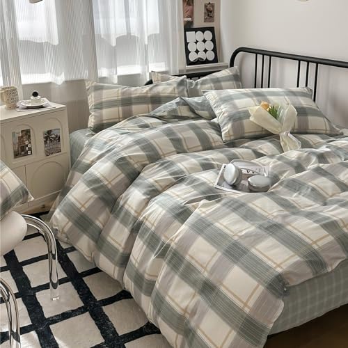 EAVD Modern Style Green Plaid Duvet Cover Queen Soft Cotton Chic Grid Plaid Bedding Set with 2 Pillowcases Reversible Plaid Geometric Duvet Cover with Zipper Closure