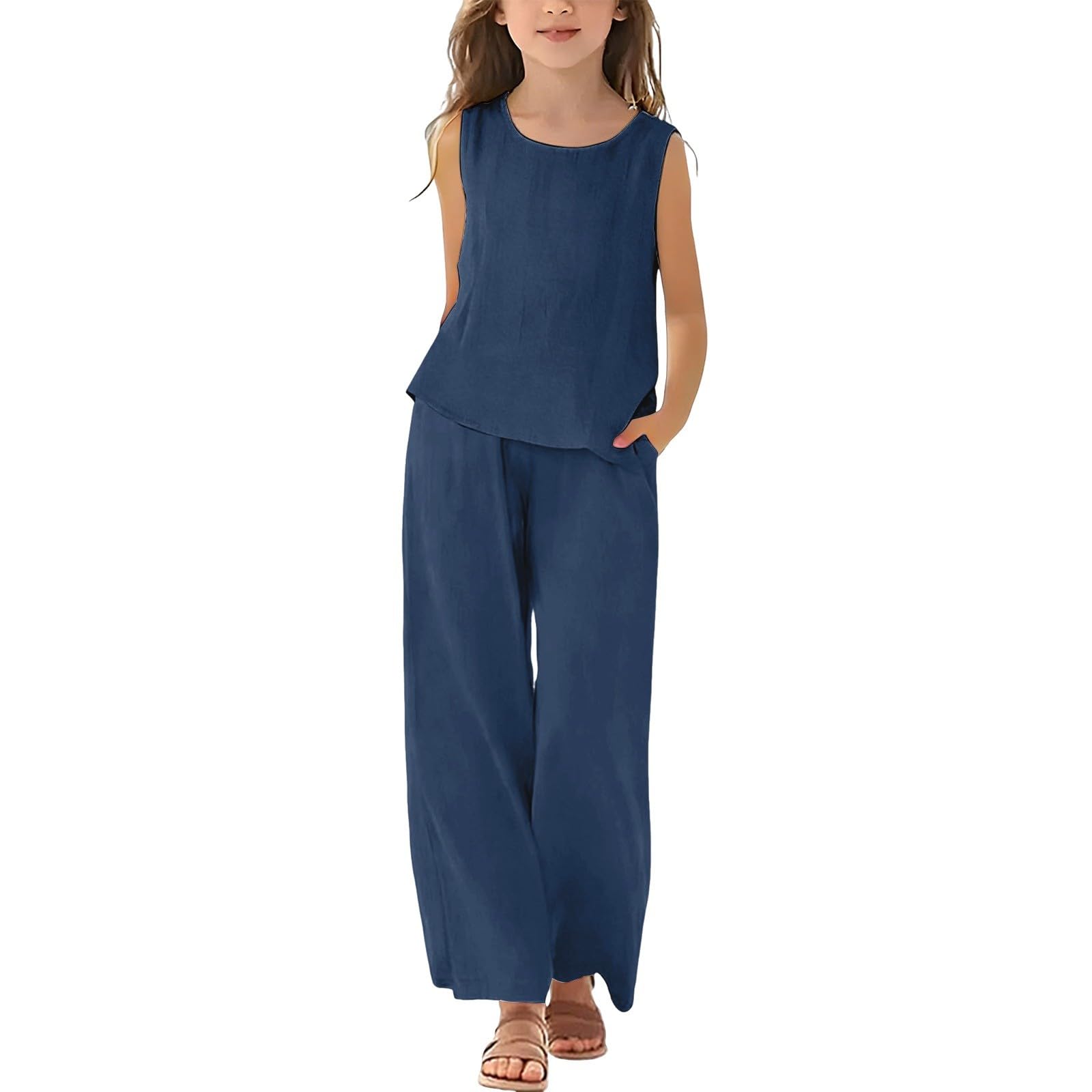 Bekleidungssets Für Mädchen Kinder Sommer Leinenanzug Set Rundhals Tank Top Und Hose Mit Taschen Weites Bein Lang Freizeitanzug Lockere Atmungsaktive Sets Einfarbig Zweiteiler Outfit (3–14 Jahre)