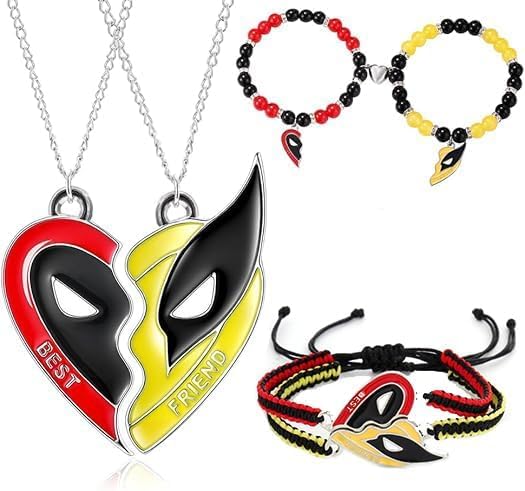 6PCS Deadpl and Wolvers Necklace-Bracelets Set, Superhero Series Best Friend Necklace Bracelets Cartoon Patterns as BFF Necklace Friendship Gifts for Men Women Couples