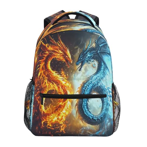 Funny Dragon Fire Water Backpack for School Boys Girls Adults Kids Bookbag Laptop Bag 15L