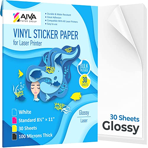Printable Vinyl Sticker Paper for Laser Printer - Glossy White - 30...