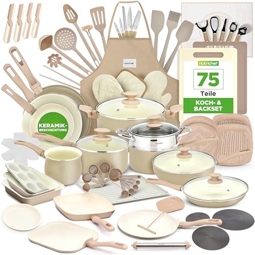 NutriChef Set mit 75 Antihaft-Pfannen und -Töpfen, Komplettes Set aus Keramik-Küchenutensilien mit Backzubehör, Messer-Set und Zubehör, fleckenbeständig, lebensmittelsicher, Creme/Braun