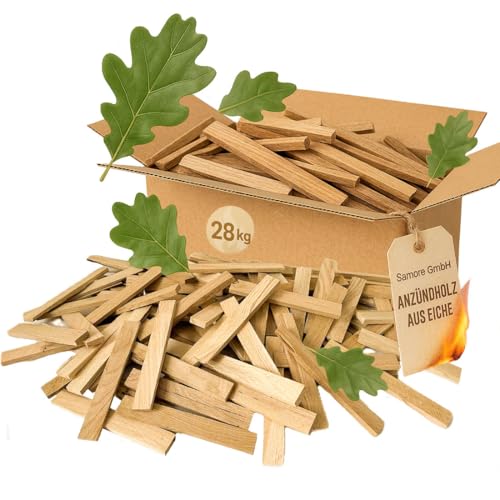 Samore Premium Anzündholz 28 kg Anfeuerholz Anmachholz Brennholz aus Eichenholz Bio Kaminholz Ofenholz Smoker Grill BBQ trocken ofenfertig getrocknet und unbehandelter Grillanzünder