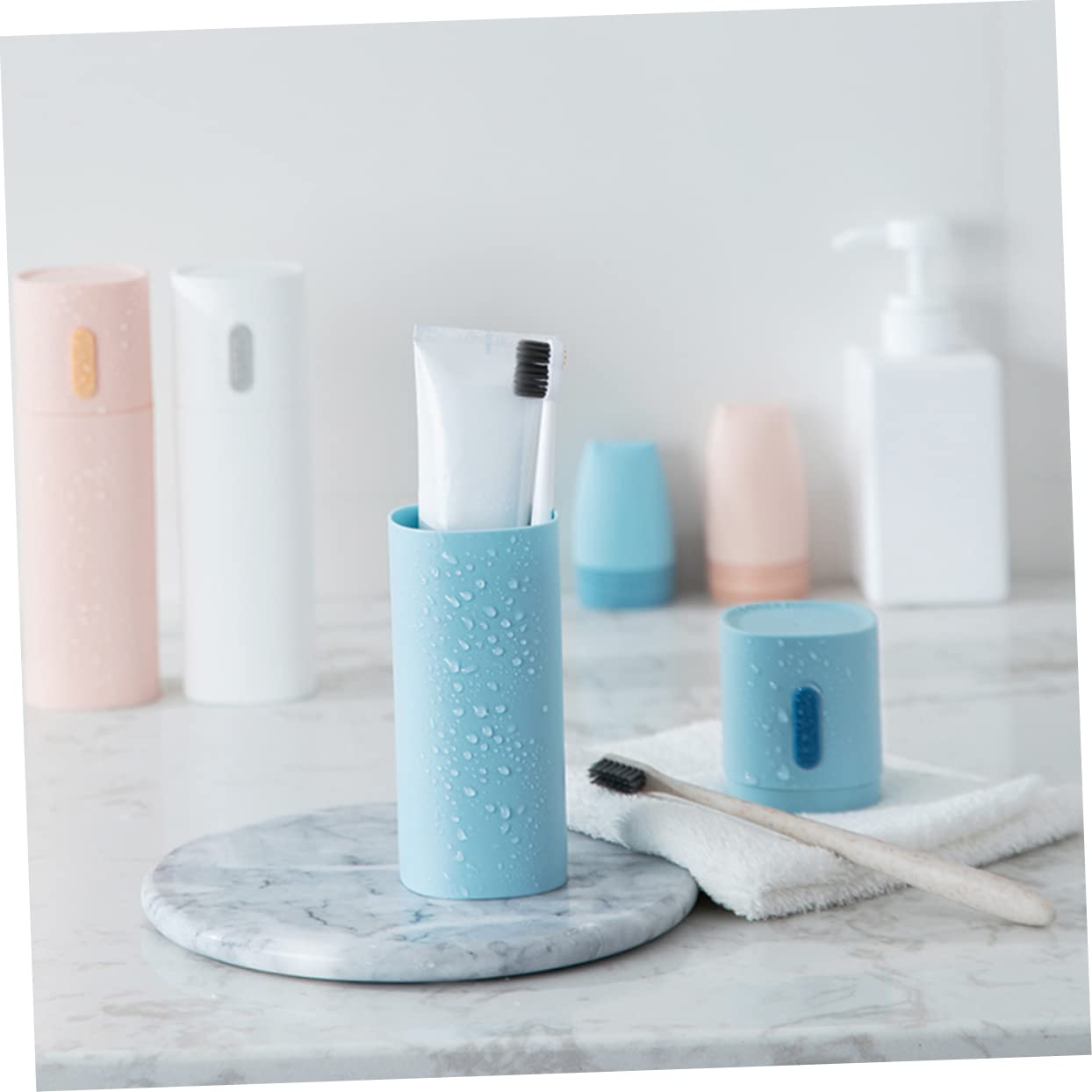 TOPBATHY 3pezzi Accessori da Bagno Porta Spazzolino e Dentifricio Contenitore Multifunzionale Blu per Viaggi Tazza per Lavarsi Denti e Conservazione Igienica